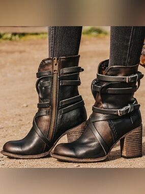 Freebird by Steven Black Leather Strappy Heeled Ankle Boots
